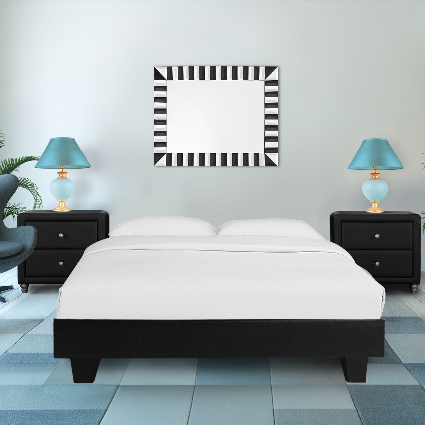 White Platform Queen Bed with Two Nightstands