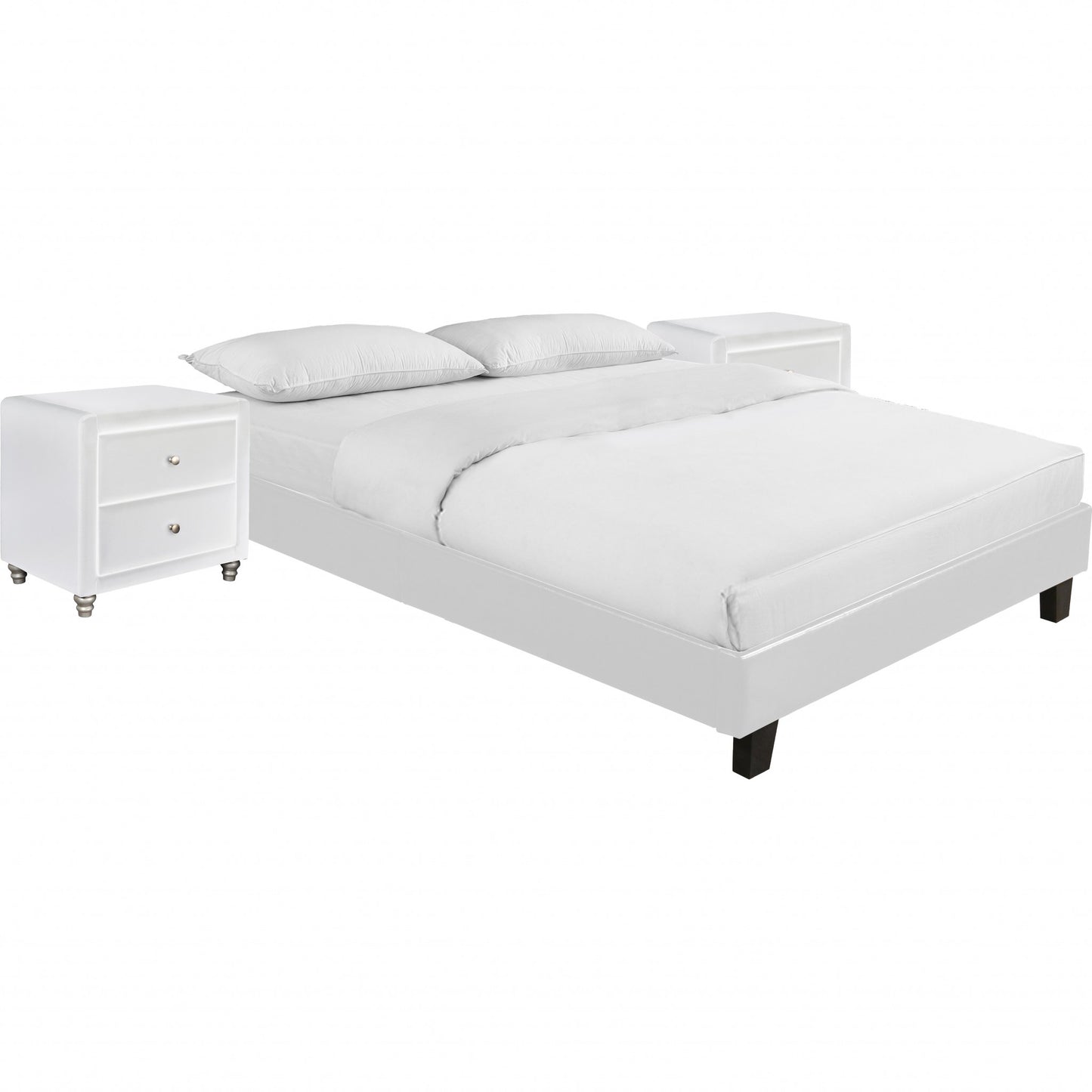 White Platform King Bed with Two Nightstands