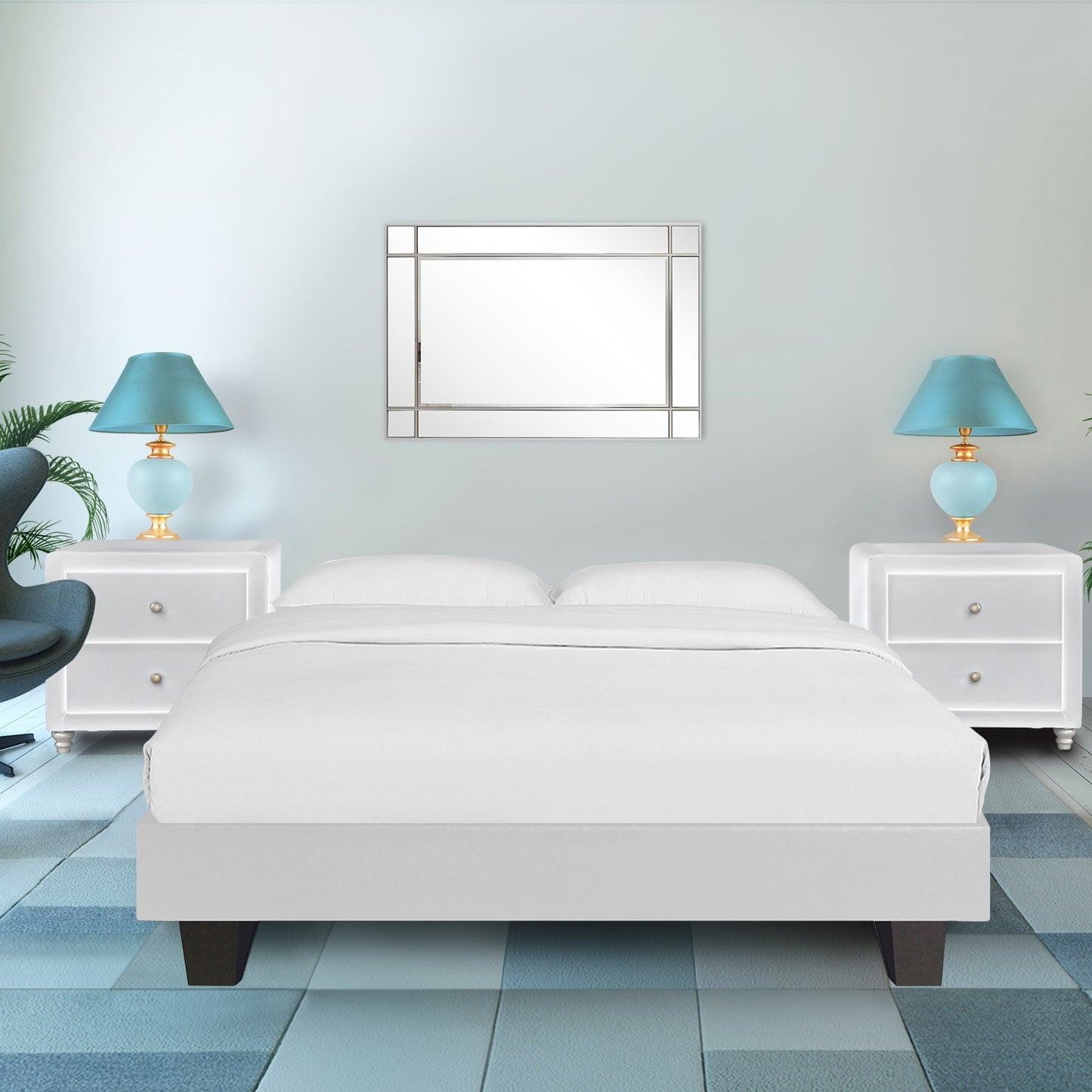 White Platform Queen Bed with Two Nightstands