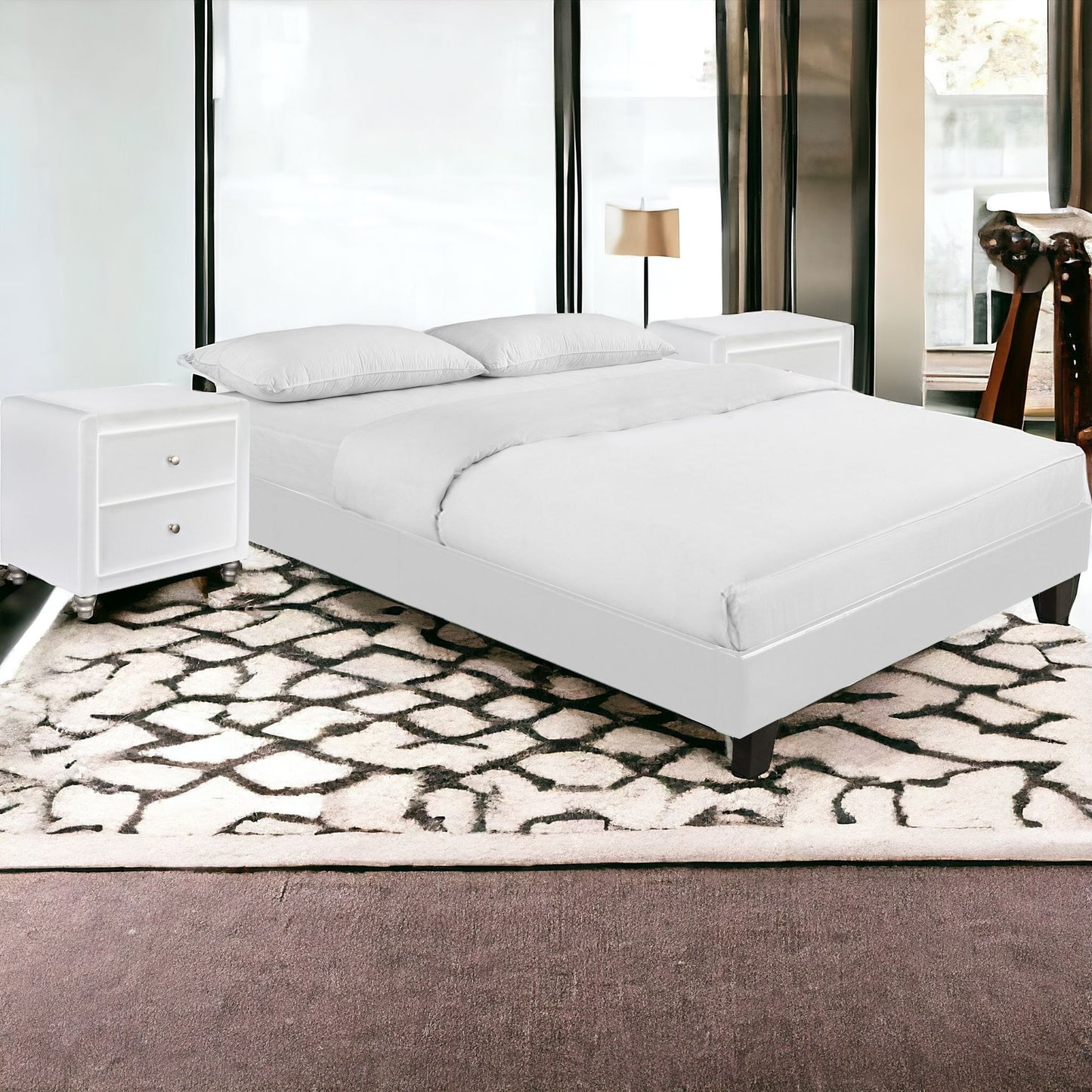 White Platform King Bed with Two Nightstands