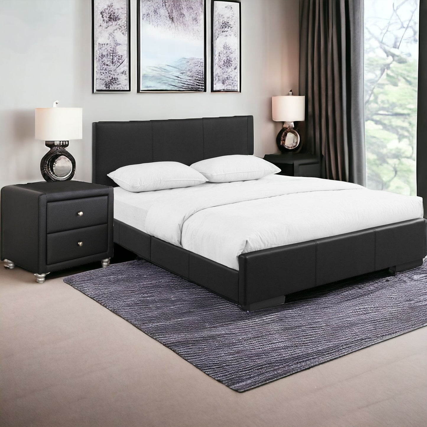 Black Solid and Manufactured Wood Queen Upholstered Faux Leather Bed Frame