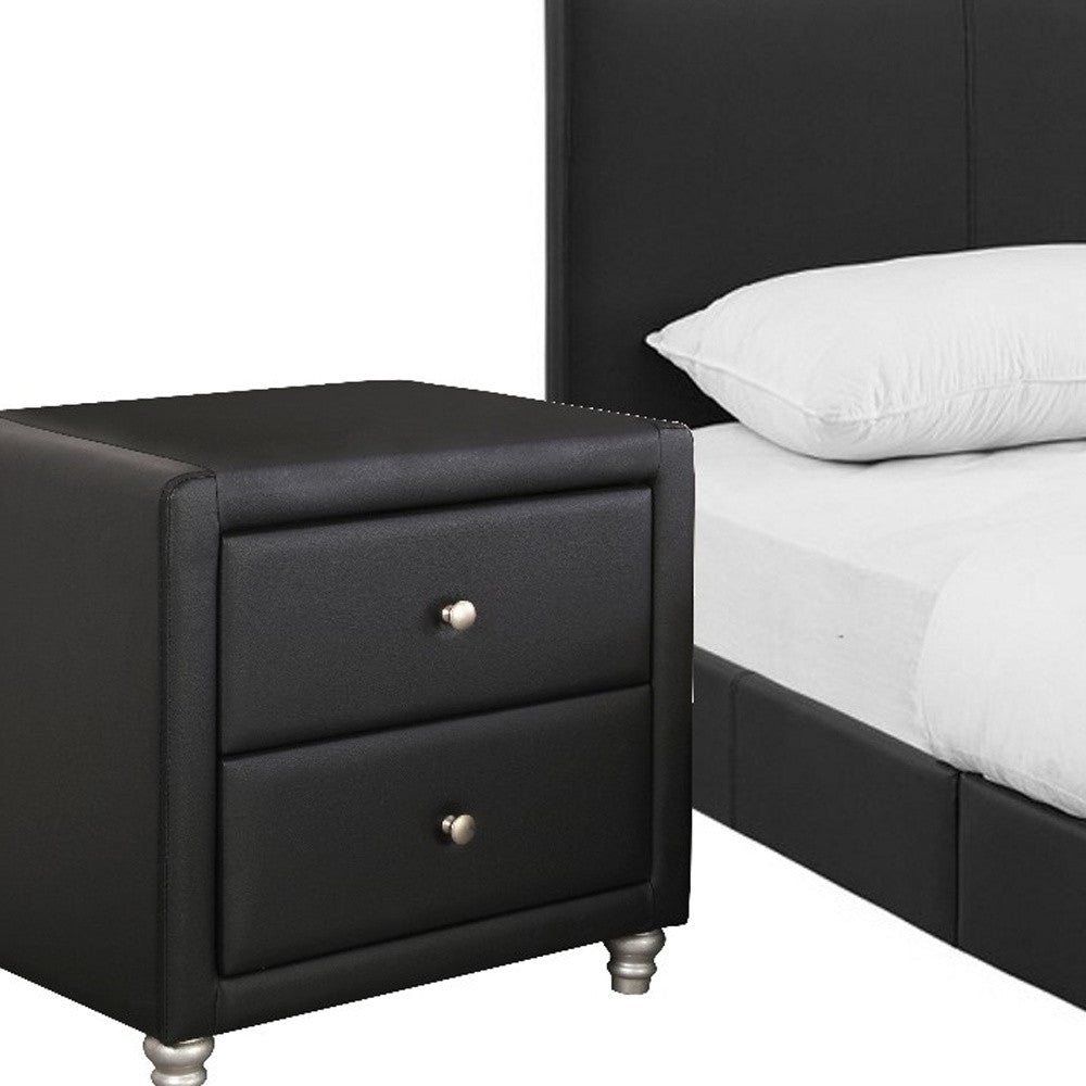 Black Solid and Manufactured Wood Queen Upholstered Faux Leather Bed Frame