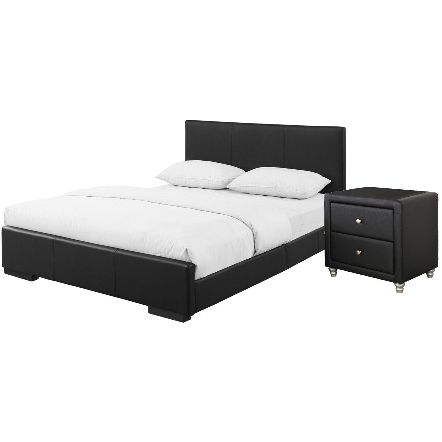 Black Solid and Manufactured Wood Queen Upholstered Faux Leather Bed Frame