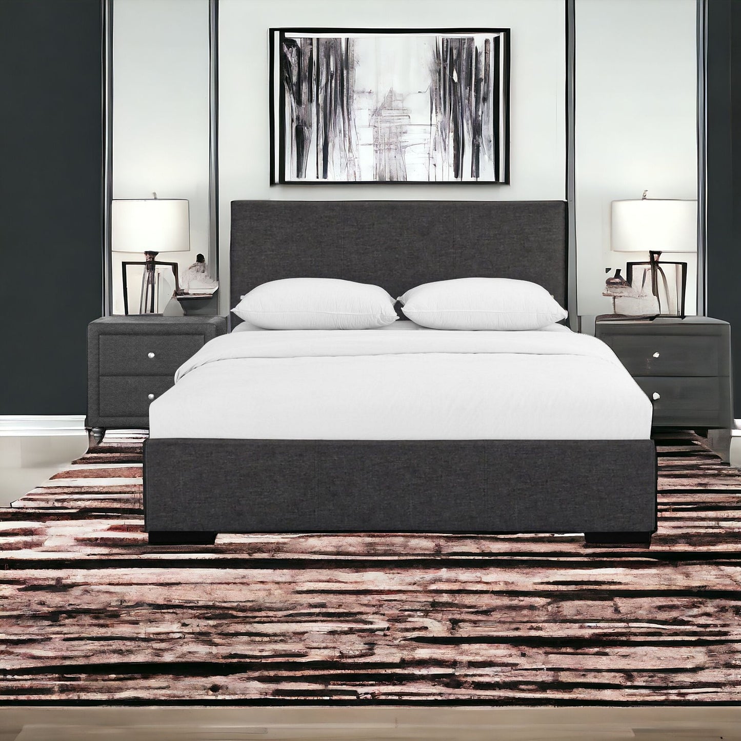 Solid Manufactured Wood Black Standard Bed Upholstered With Headboard