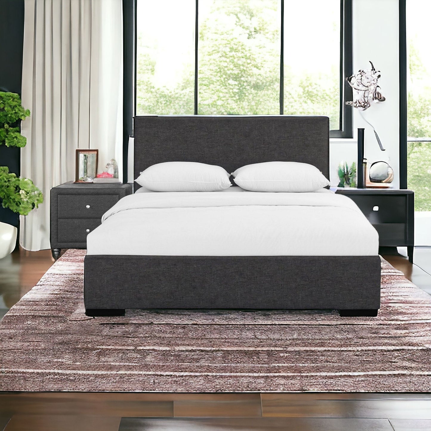 Solid Manufactured Wood Black Standard Bed Upholstered With Headboard