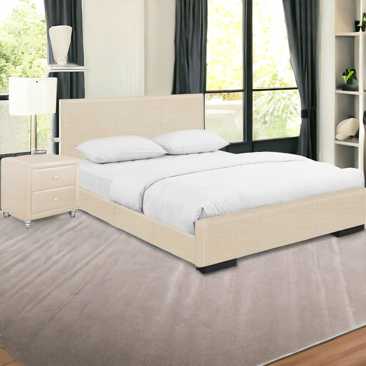 Solid Manufactured Wood Black Standard Bed Upholstered With Headboard