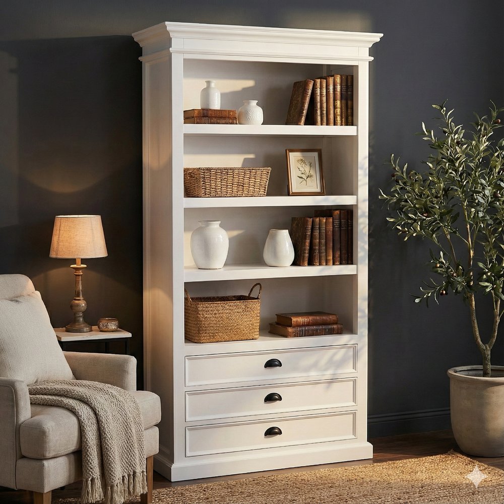 75" White Solid Wood Four Tier Bookcase