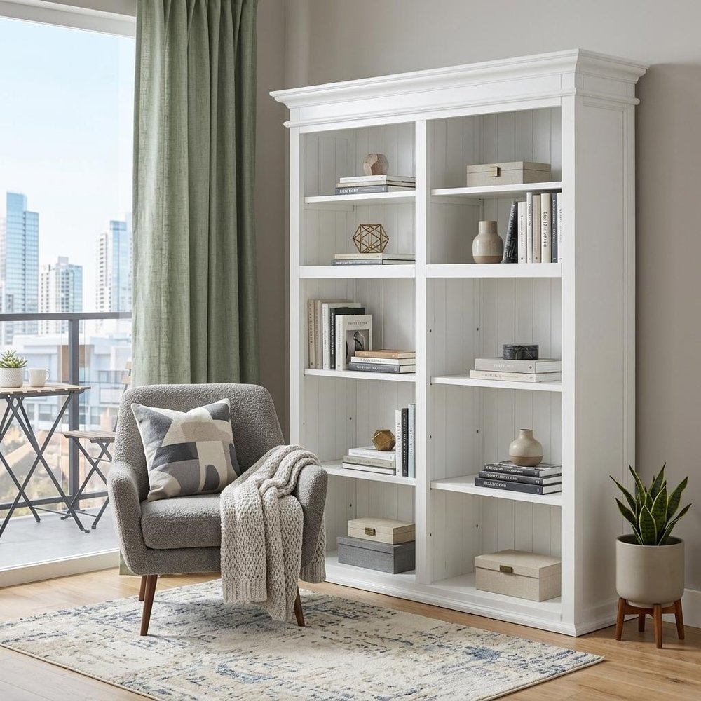 87" White Solid Wood Adjustable Four Tier Bookcase