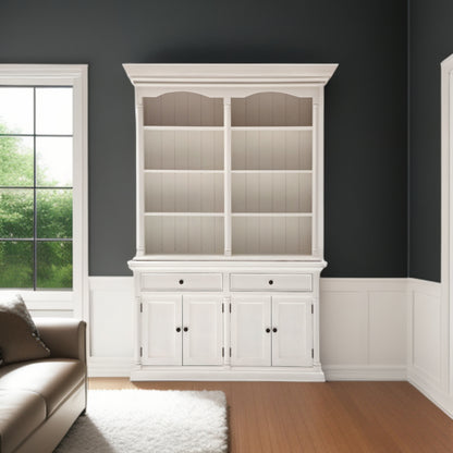 87" White Wood Sideboard with Hutch and Two Drawers