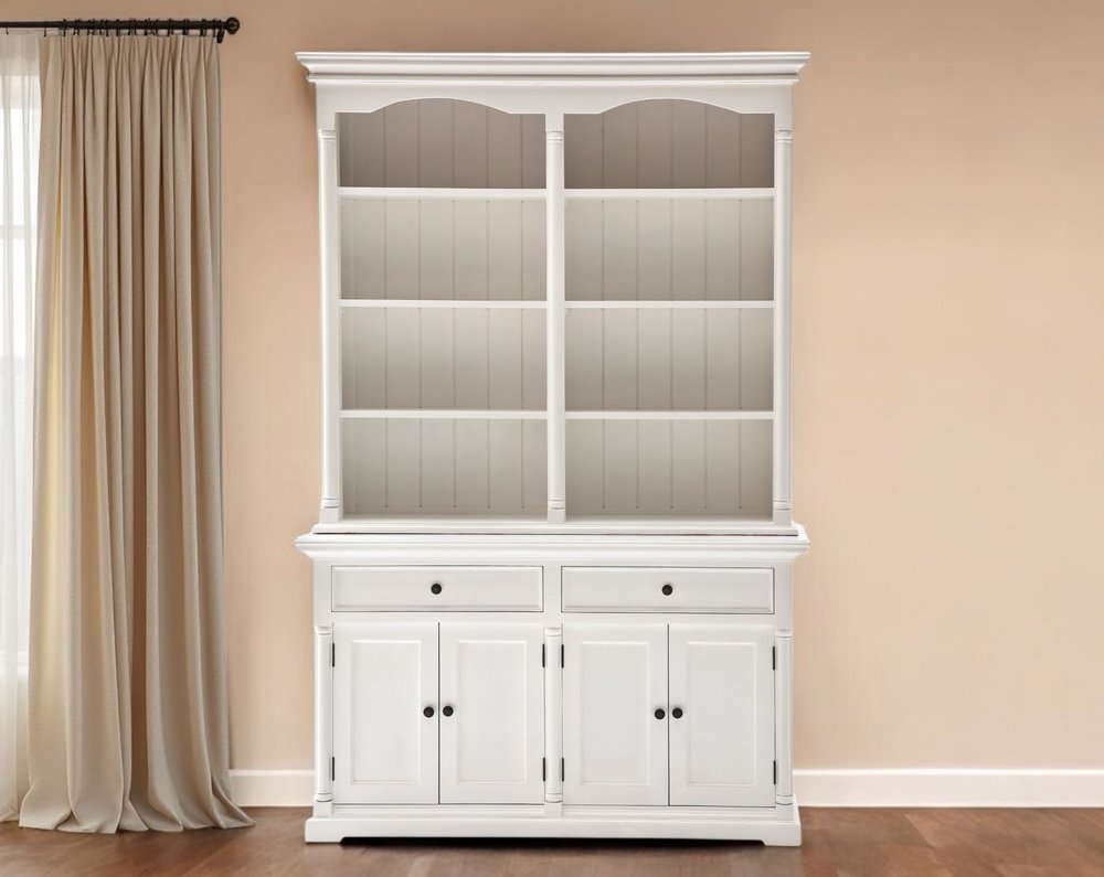 87" White Wood Sideboard with Hutch and Two Drawers