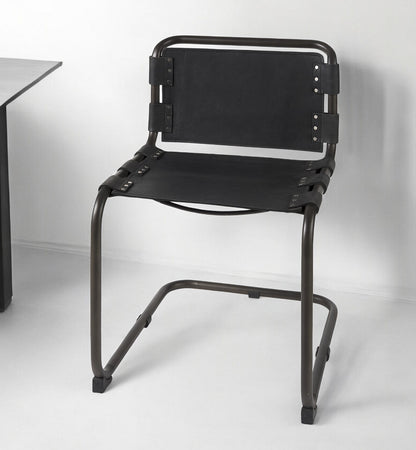 Black Leather Metal Open Back Dining Side Chair