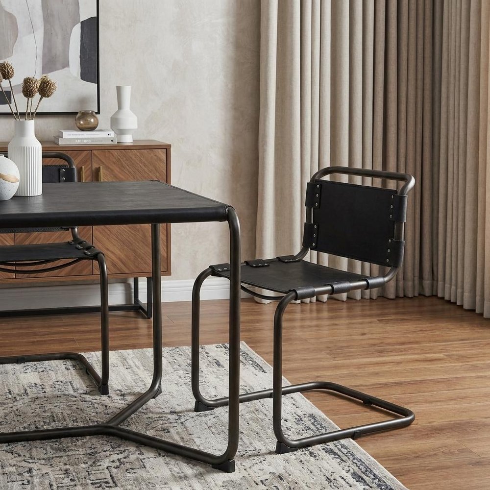Black Leather Metal Open Back Dining Side Chair