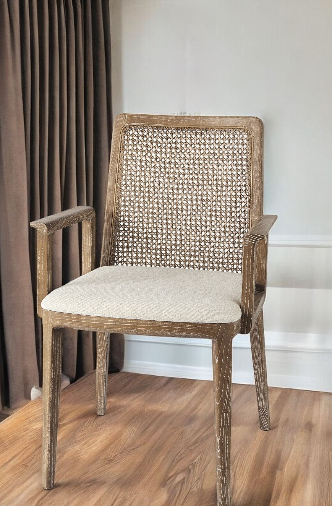 Light Natural and Cream Uholstery and Cane Dining Armchair