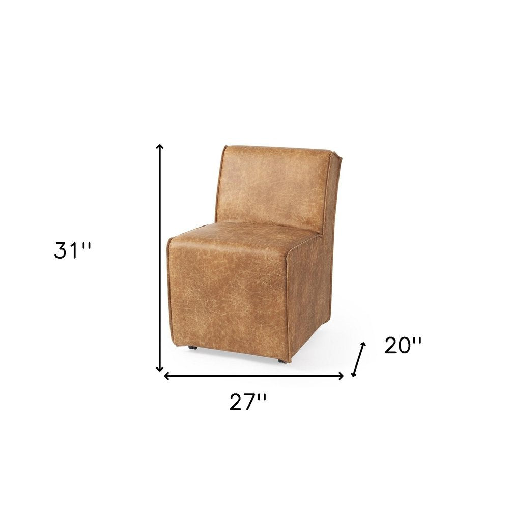 Set of Two Brown Upholstered Faux Leather Dining Side Chairs With Wheels