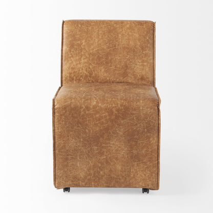 Set of Two Brown Upholstered Faux Leather Dining Side Chairs With Wheels