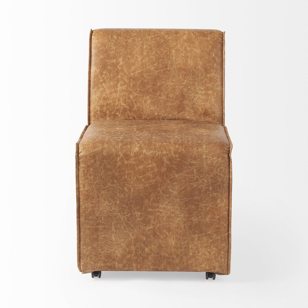 Set of Two Brown Upholstered Faux Leather Dining Side Chairs With Wheels