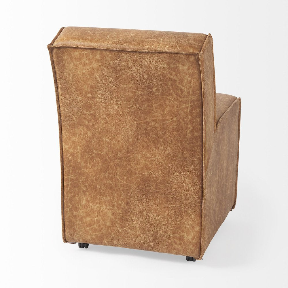 Set of Two Brown Upholstered Faux Leather Dining Side Chairs With Wheels