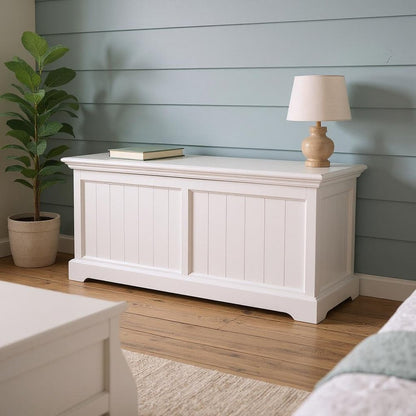 55" White Distressed and Solid and Manufactured Wood Storage Standard Bench With Flip Top