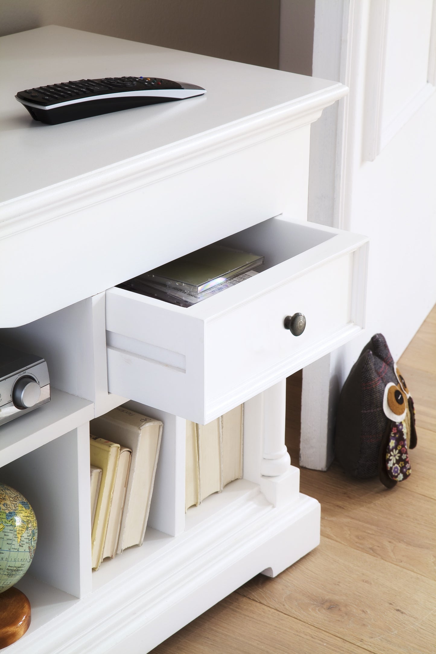 71" White Solid Console Table With Shelves And Drawers