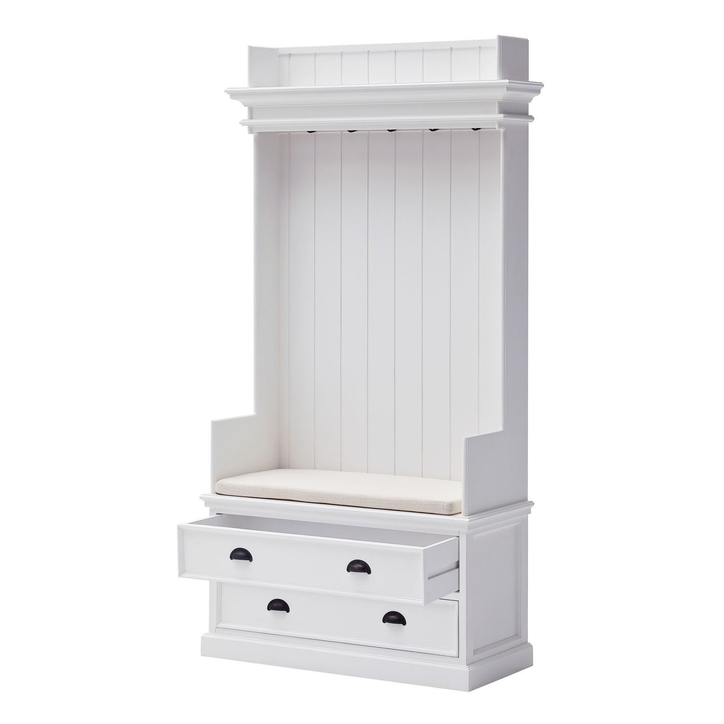 Classic White Entryway Coat Rack and Bench with Drawers