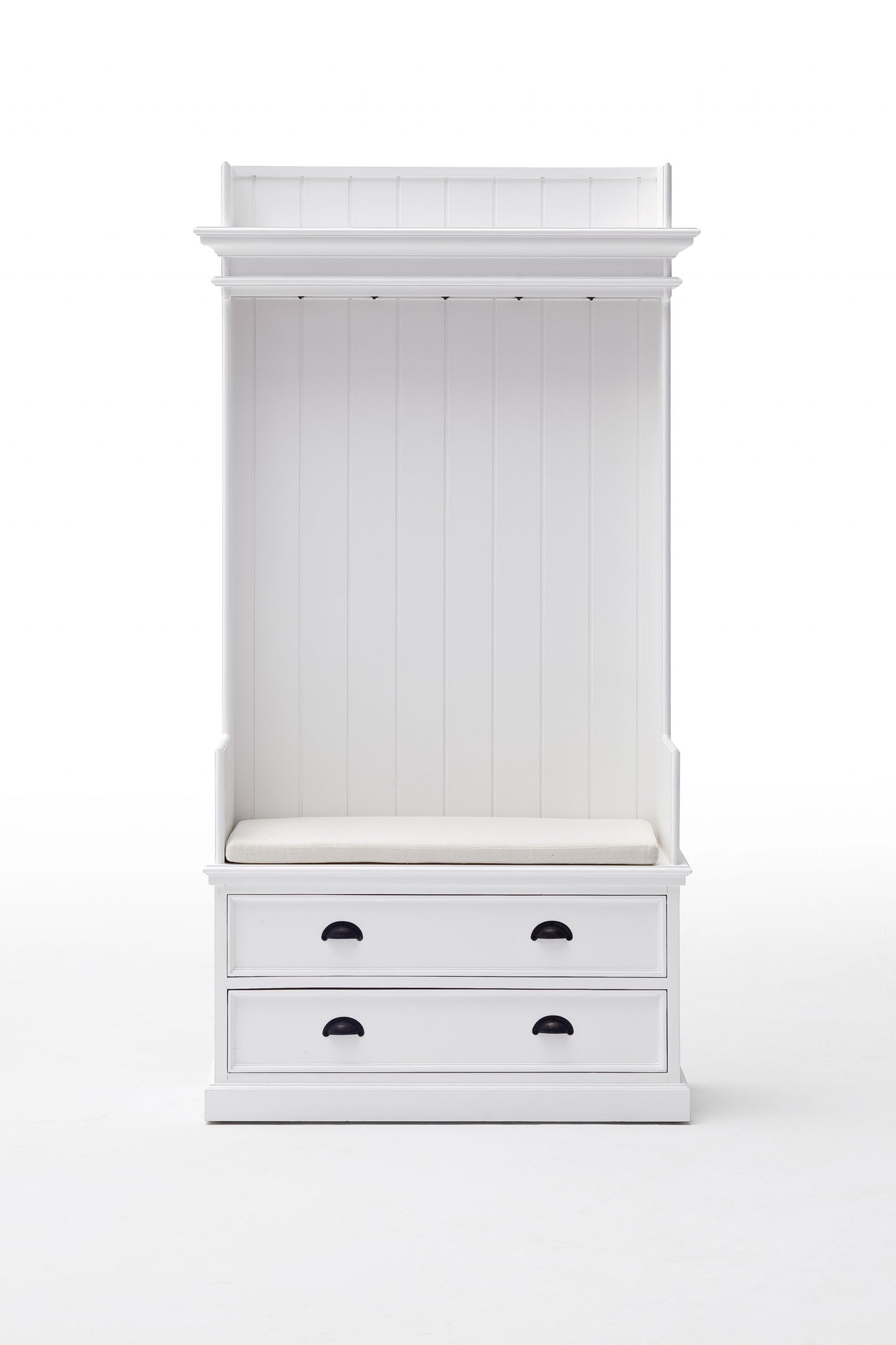 Classic White Entryway Coat Rack and Bench with Drawers