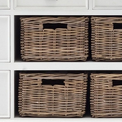 87" White Wood Bookcase with Glass Doors Drawers and Baskets