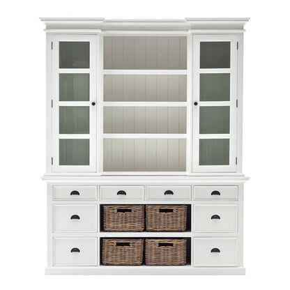 87" White Wood Bookcase with Glass Doors Drawers and Baskets