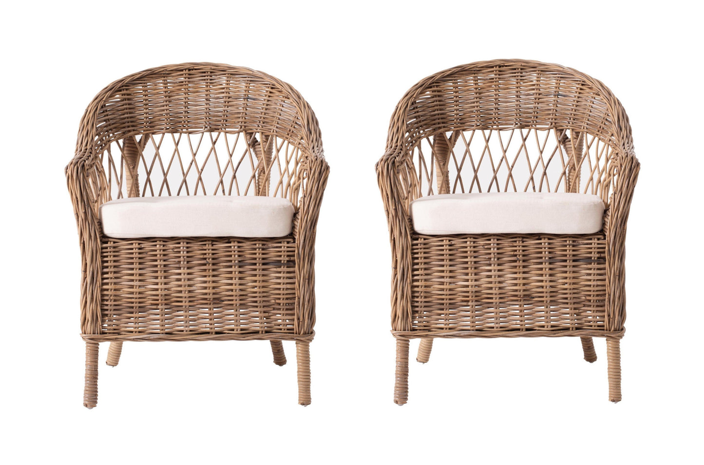 Set of Two Gray Brown Semi Circle Back Wicker Chairs with Seat Cushions