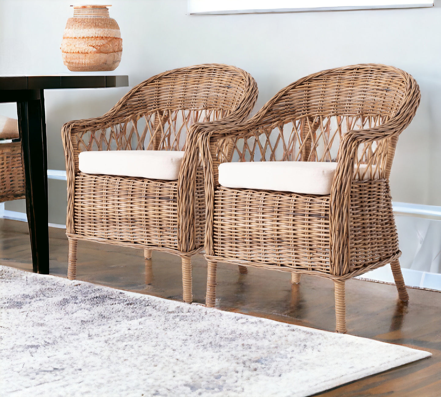 Set of Two Gray Brown Semi Circle Back Wicker Chairs with Seat Cushions