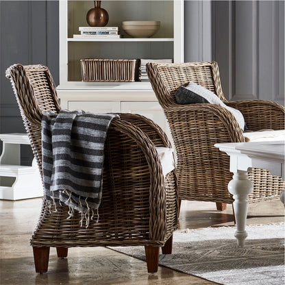 Set of Two Wide Edge Wicker Chairs with Seat Cushion