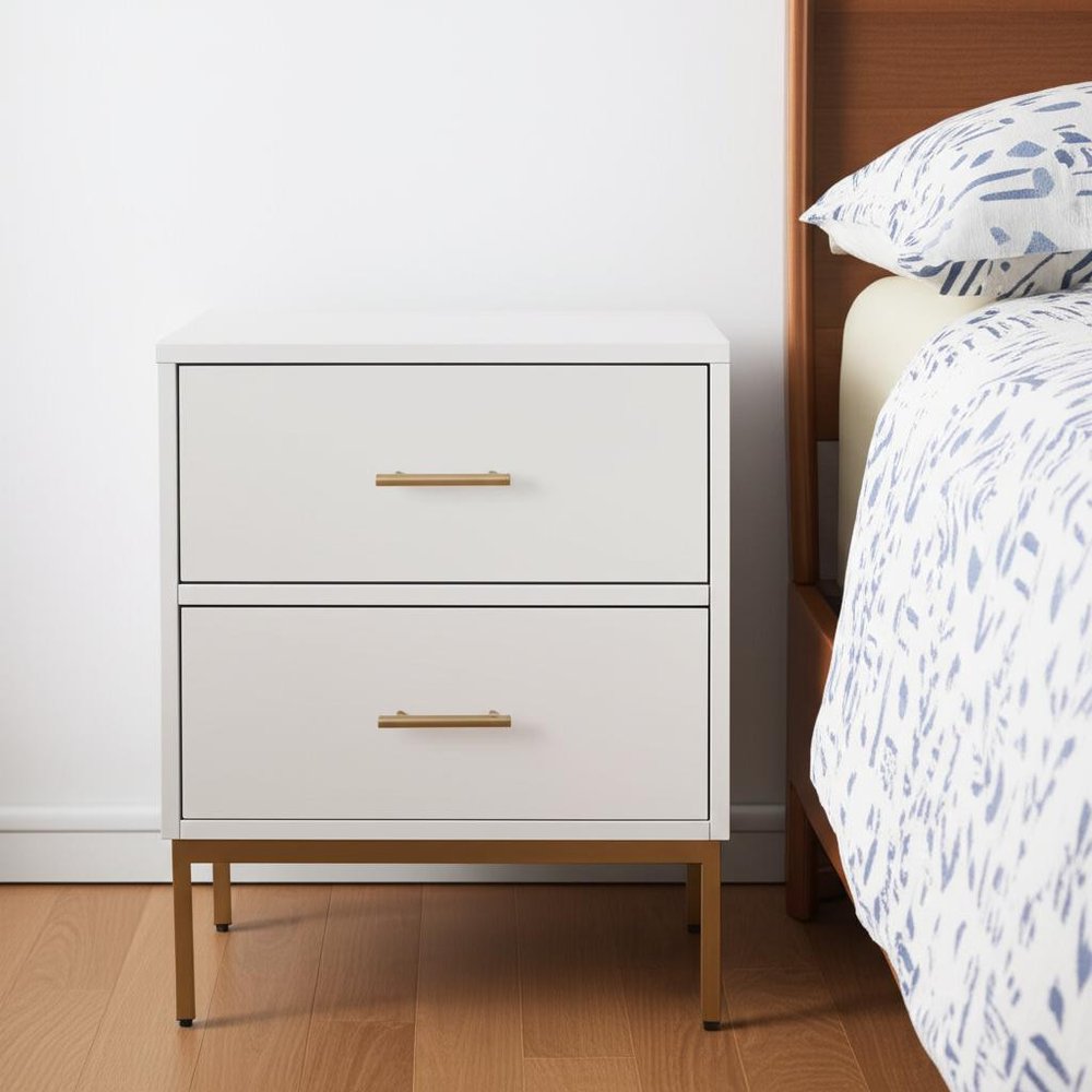 26" White And Gold Wood And Metal Two Drawer Nightstand