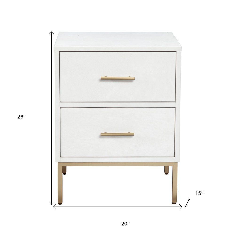 26" White And Gold Wood And Metal Two Drawer Nightstand