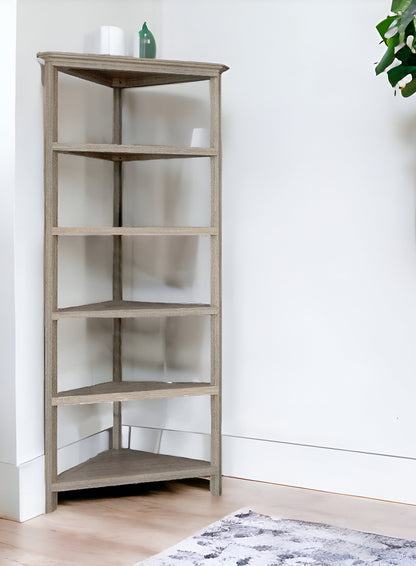 75" Gray Solid Wood Five Tier Corner Bookcase