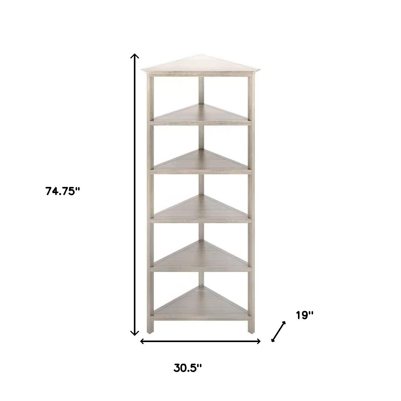 75" Gray Solid Wood Five Tier Corner Bookcase