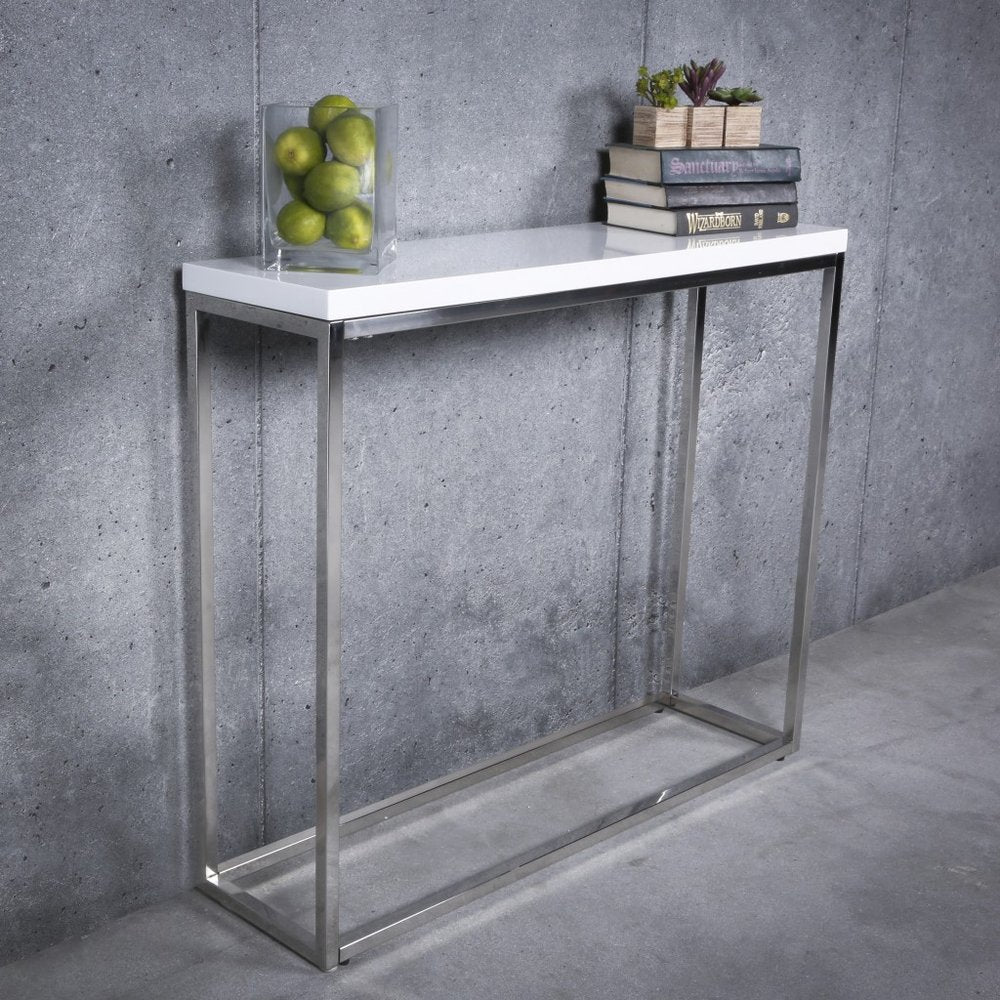 35" White and Silver Wood and Stainless Steel Frame Console Table