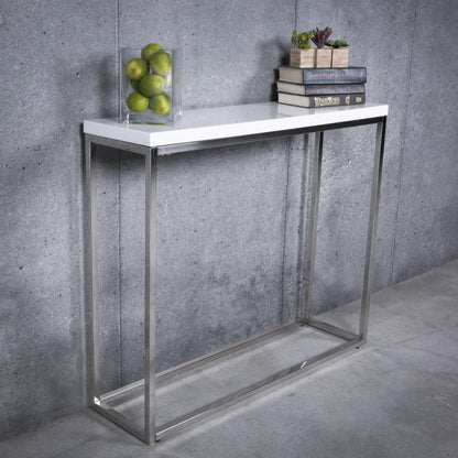 35" White and Silver Wood and Stainless Steel Frame Console Table