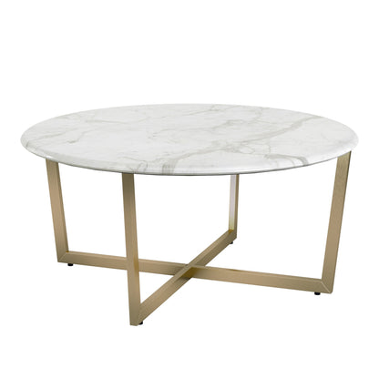 36" White And Gold Faux Marble Round Coffee Table