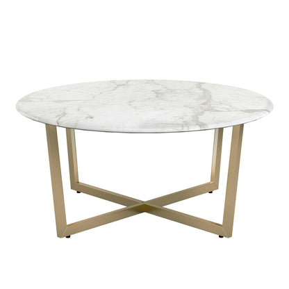 36" White And Gold Faux Marble Round Coffee Table