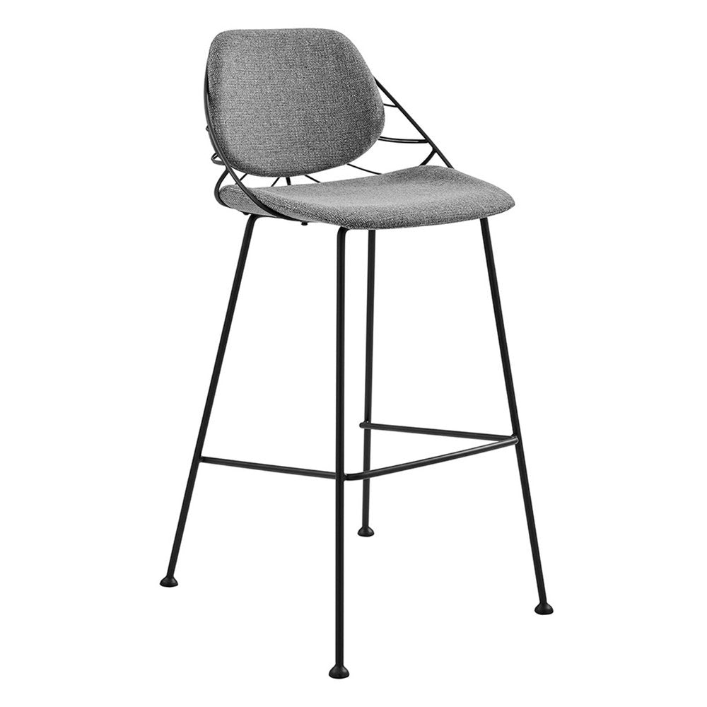 Set of Two 30" Light Gray And Black Fabric And Steel Low Back Bar Height Bar Chairs