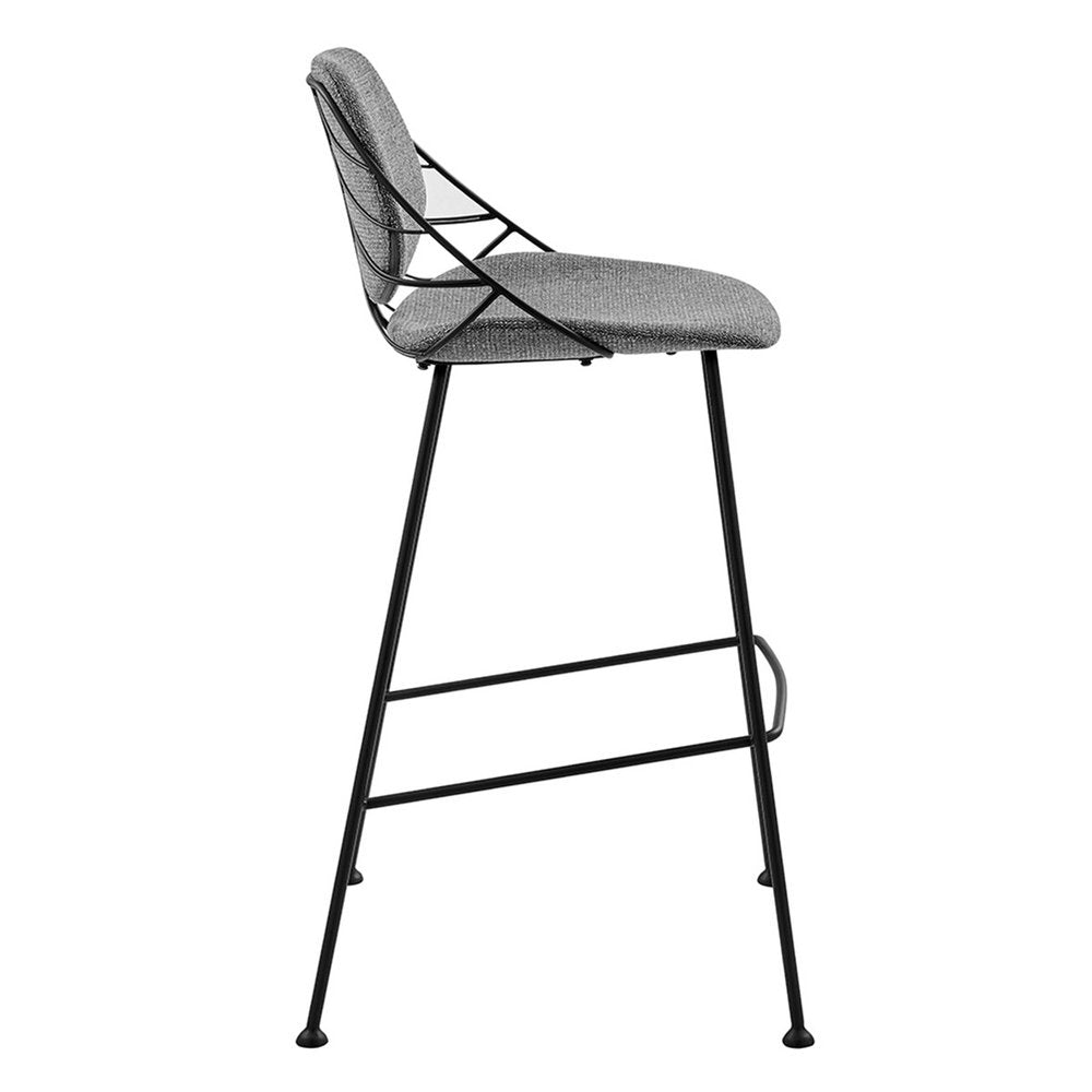 Set of Two 30" Light Gray And Black Fabric And Steel Low Back Bar Height Bar Chairs