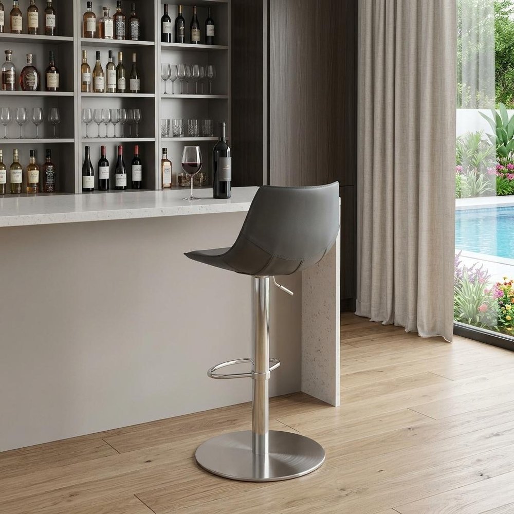 32" Gray And Silver Steel Swivel Low Back Bar Height Bar Chair