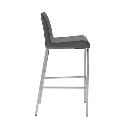 Set of Two 31" Gray And Silver Genuine Leather And Steel Low Back Bar Height Bar Chairs