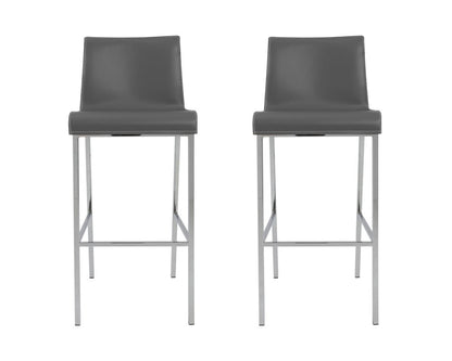 Set of Two 31" Gray And Silver Genuine Leather And Steel Low Back Bar Height Bar Chairs