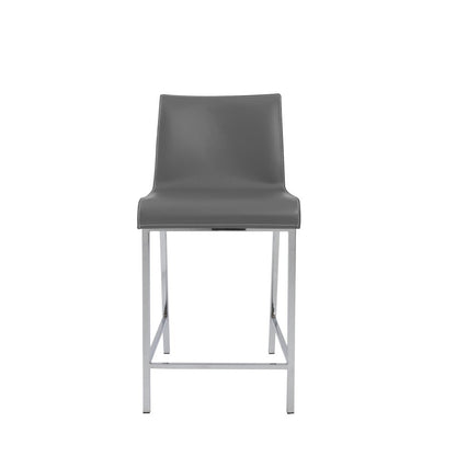 Set of Two 24" Gray And Silver Genuine Leather And Steel Low Back Counter Height Bar Chairs