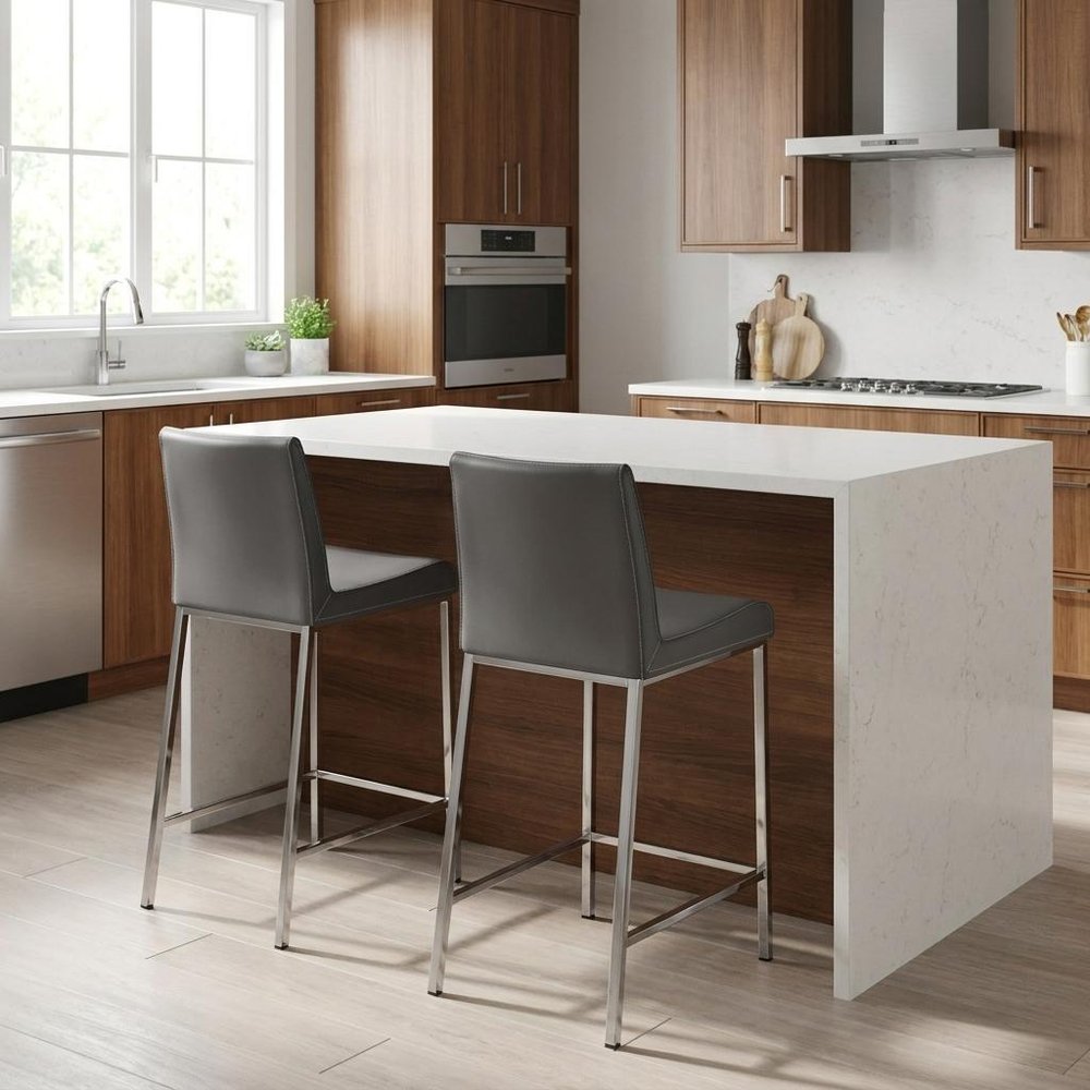 Set of Two 24" Gray And Silver Steel Low Back Counter Height Bar Chairs