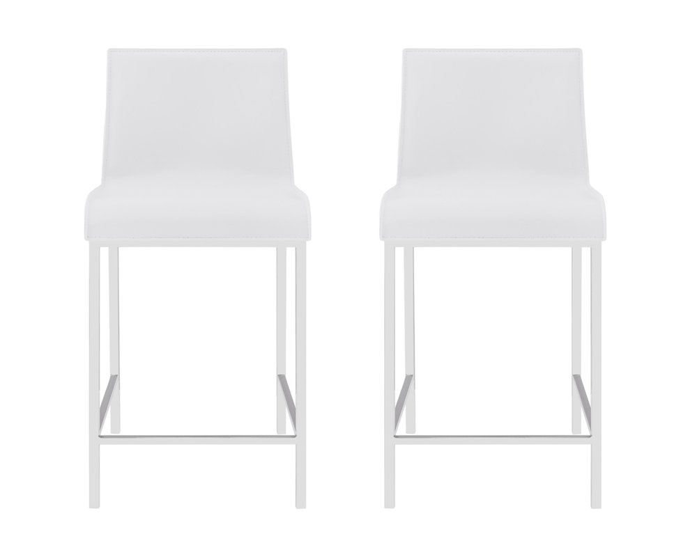 Set of Two 24" White And Silver Genuine Leather And Steel Low Back Counter Height Bar Chairs
