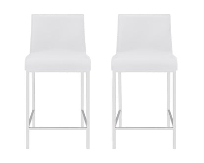 Set of Two 24" White And Silver Genuine Leather And Steel Low Back Counter Height Bar Chairs