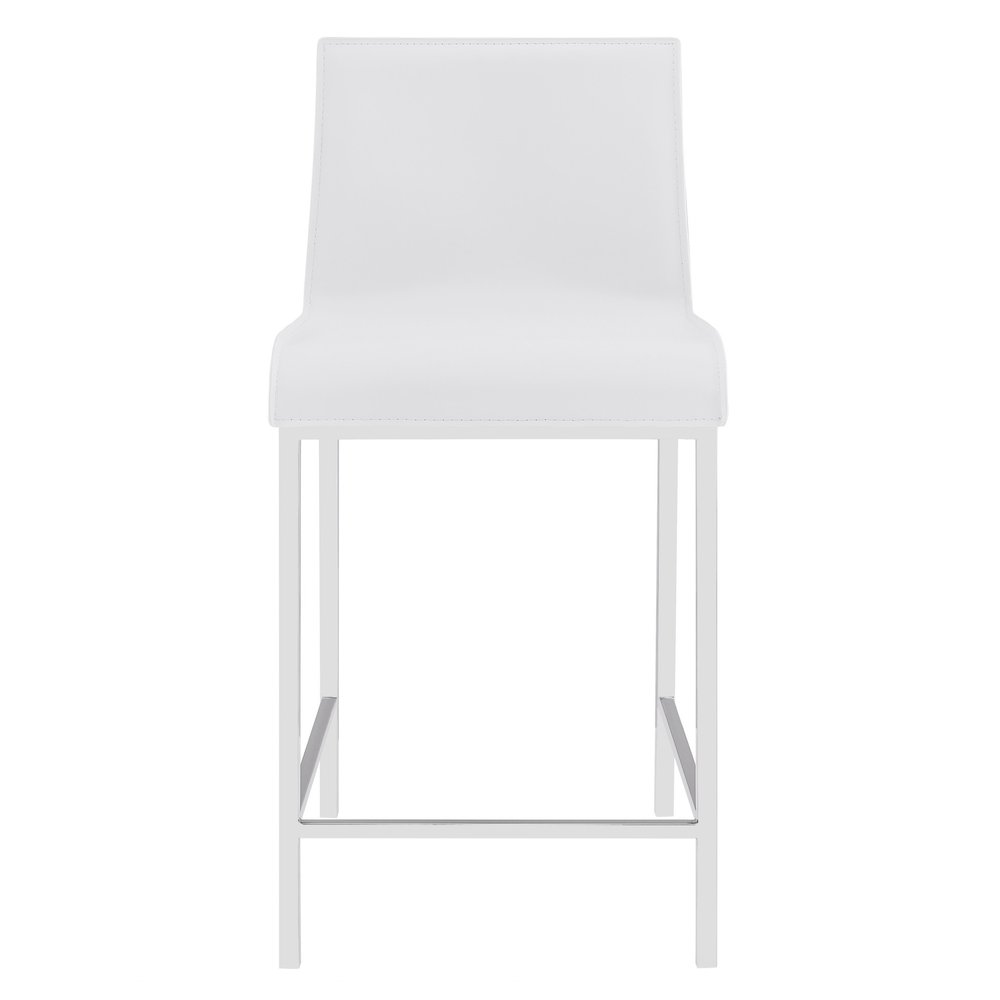 Set of Two 24" White And Silver Genuine Leather And Steel Low Back Counter Height Bar Chairs