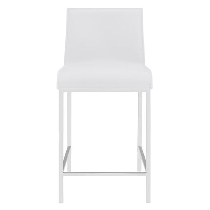 Set of Two 24" White And Silver Genuine Leather And Steel Low Back Counter Height Bar Chairs