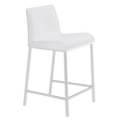Set of Two 24" White And Silver Genuine Leather And Steel Low Back Counter Height Bar Chairs